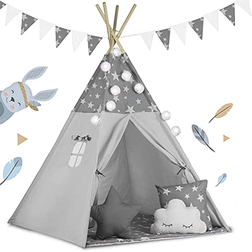 Ricokids Tipi - Tienda de campaña para niños, algodón, con 3 Cojines, Guirnalda y colchón