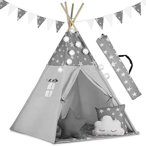 Ricokids Tipi - Tienda de campaña para niños, algodón, con 3 Cojines, Guirnalda y colchón