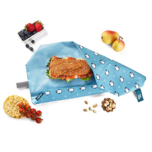 Roll'eat ® | Bolsa Merienda, Porta Bocadillos con Envoltorio Reutilizable, Porta Alimentos Ecológico sin BPA, Bolsa de Tela, Color Penguin - Boc'n'Roll Animals