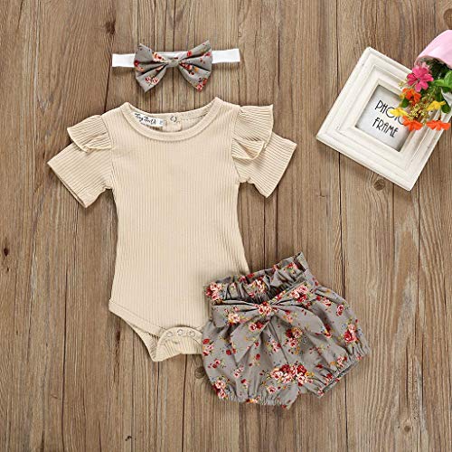 Ropa Bebe Niña Verano Fossen Recién Nacido 0 a 24 Meses Monos con Volantes y Florales Pantalones Cortos,Conjunto/2PC (Khaki, 12-18 Meses)