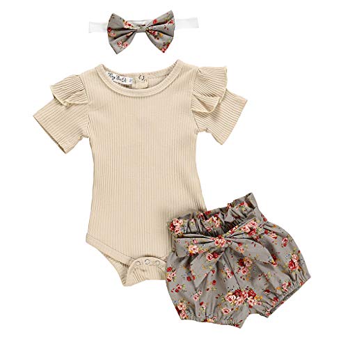 Ropa Bebe Niña Verano Fossen Recién Nacido 0 a 24 Meses Monos con Volantes y Florales Pantalones Cortos,Conjunto/2PC (Khaki, 12-18 Meses)