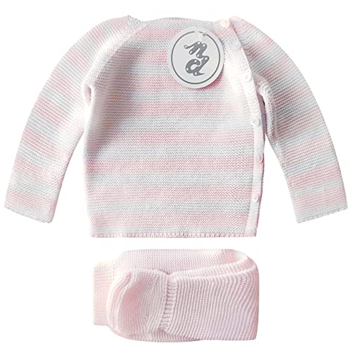 Ropa bebe recien nacido y prematuro talla 0-1 mes. Conjunto mini primera puesta jersey y polaina. Set punto tricot 100% algodon raya baby niño niña. Piel sensible atopica. Regalo. Rosa. Made in Spain