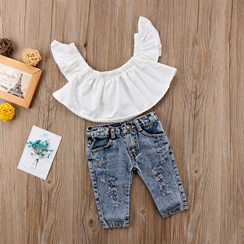 Ropa Conjuntos para Bebé Recién Nacido Niña Moderno 2 Piezas 1 Camiseta de Hombro Descubierto + 1 Pantalones Largos Agujeros Primavera y Verano (Blanco, 3-4 Años)