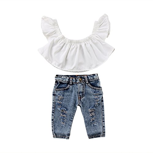 Ropa Conjuntos para Bebé Recién Nacido Niña Moderno 2 Piezas 1 Camiseta de Hombro Descubierto + 1 Pantalones Largos Agujeros Primavera y Verano (Blanco, 3-4 Años)