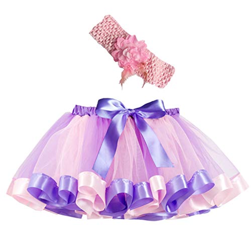 Ropa Infantil Moda 2-11 años Niño Infantil BEBÉ Chica Falda Arco Iris Tutu Fiesta Baile Ballet Mini Vestido Falda Princesa + Conjunto de Bandas para el Cabello 2 Piezas (Púrpura 2, M 4-7 años)