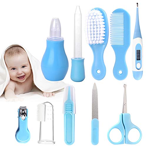 RoseFlower 10 Piezas Kit de Aseo para Bebés, Set para Cuidado del Bebé con Cortador de Uñas Cepillo de Dientes de Dedo, Cepillo de Pelo y Peine, Set Cuidado Bebe Recien Nacido, Azul