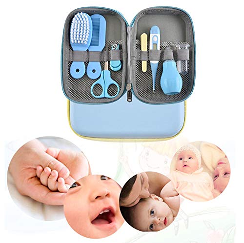 RoseFlower Kit de Aseo para Bebés, 8 Piezas Set para Cuidado del Bebé con Cepillo de Dientes de Dedo y Cortador de Uñas, Lima de Uñas Cepillo Peine, Set Cuidado Bebe Recien Nacido, Azul