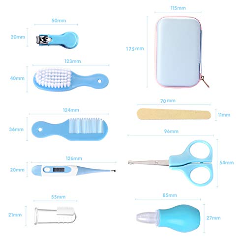 RoseFlower Kit de Aseo para Bebés, 8 Piezas Set para Cuidado del Bebé con Cepillo de Dientes de Dedo y Cortador de Uñas, Lima de Uñas Cepillo Peine, Set Cuidado Bebe Recien Nacido, Azul