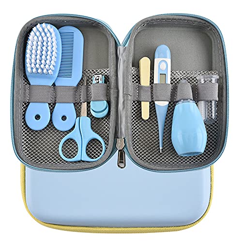 RoseFlower Kit de Aseo para Bebés, 8 Piezas Set para Cuidado del Bebé con Cepillo de Dientes de Dedo y Cortador de Uñas, Lima de Uñas Cepillo Peine, Set Cuidado Bebe Recien Nacido, Azul