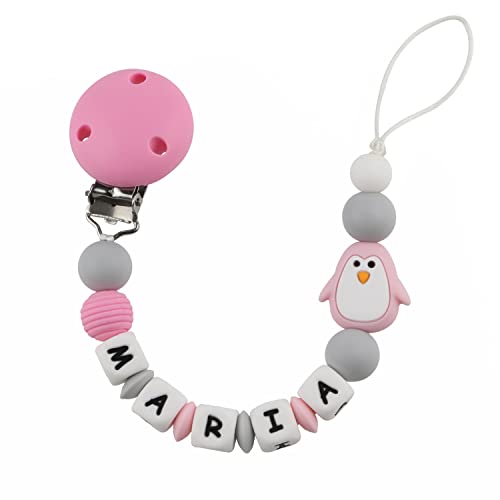 RUBY - Chupetero Personalizado para Bebé con Nombre Bola Silicona Antibacteria con Pinza Redonda de Plástico, Chupetero de Pingüino (Rosa)