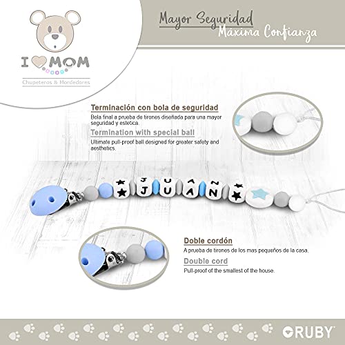 RUBY - Chupetero Personalizado para Bebé con Nombre Bola Silicona Antibacteriana con, Chupetero Zorrito (Azul Pastel-0)