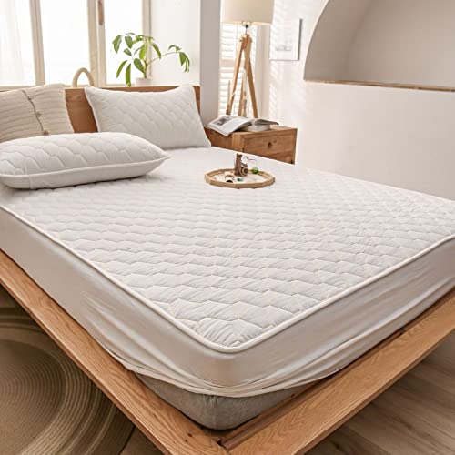 Sabana Bajera Ajustable Bolsillo Profundo Totalmente Elastic Tamaño único, Protector de colchón impermeable acolchado de algodón color sólido niños Dormitorio Hotel Apartamentos Blanco 100 * 200 cm