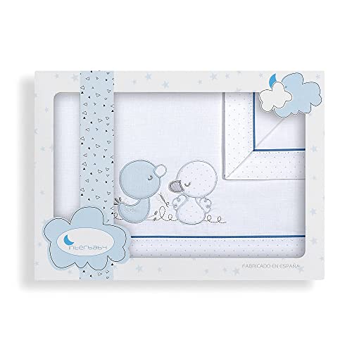 Sábanas Minicuna 50 x 80 Bebé Algodón 100 % ( Bajera + Encimera + Funda Almohada ) (Patitos BCO Azul)