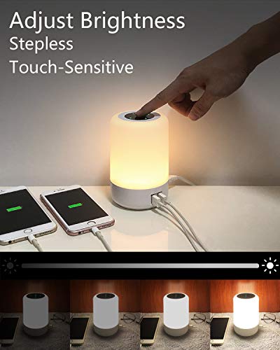 salipt Luz de Nocturna LED,con 4 puertos de carga USB, Lámpara de Mesita de Noche Inteligente, Control Tactil, Regulable, Temporizador, Cambio de Color RGB para Niños, Habitación (Blanco Cálido)