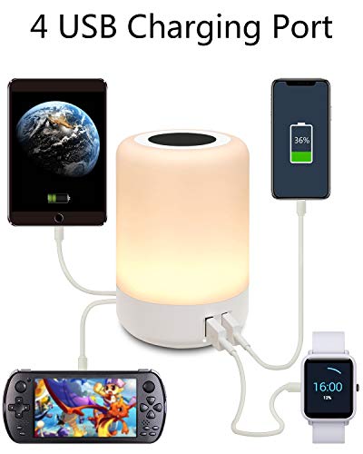 salipt Luz de Nocturna LED,con 4 puertos de carga USB, Lámpara de Mesita de Noche Inteligente, Control Tactil, Regulable, Temporizador, Cambio de Color RGB para Niños, Habitación (Blanco Cálido)