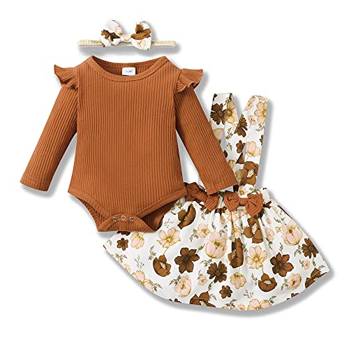 SANMIO 3 piezas Conjunto de Ropa Bebé Niña (0-18 meses) Manga Larga Volantes Mameluco + Falda de Tirantes Florales + Diadema Ropa Bebe Recien Nacido