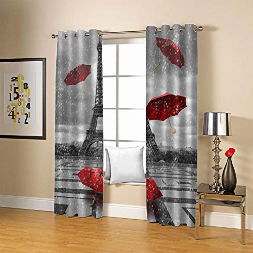 SDSONIU Cortina 3D Dormitorio 170 X 200 cm Torre De Sombrilla Roja Ojete para Sala De Estar Cortinas 3D Habitación De Cuidado De Niños Niño Niña Restaurante Decoración del Hogar