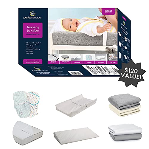 Serta - Juego de 9 piezas para niños y niñas, incluye 2 pañales, cambiador, 2 fundas para cambiadores, 2 sábanas para cuna, colchoneta para cuna y cuña, color blanco y gris