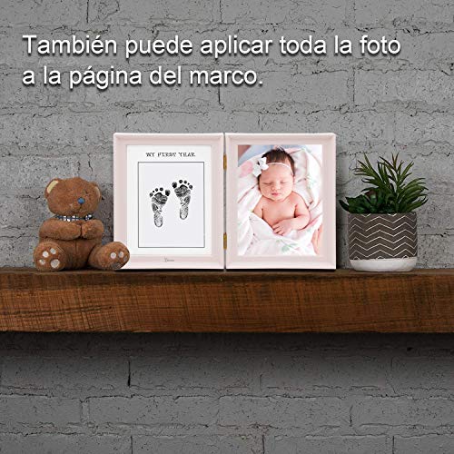 Set de Marco de Fotos Doble y Huellas de Bebé en Tinta – Recuerdo del Primer Año – Marco de Huella con Marcos de Fotos de 12 Meses – Ideal Decoración o Regalo De Baby Shower (Rosa)