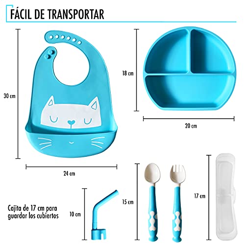 Set de Platos Bebé. Incluye Regalo con el Cuenco Antiderrame ; X2 Cubiertos Bebé Aprendizaje X1 Taza Bebé con Pajita Reutilizable y X1 Babero Silicona Set de Vajilla Bebé Libre de BPA