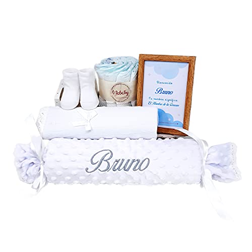 Set de Regalos para Bebés Personalizados - Mi Caramelo - Cojín con forma de Caramelo de Bebé personalizado, Calcetines de Primera Puesta y Muselina de Lactancia - Cesta de Recién Nacido. (Blanco)