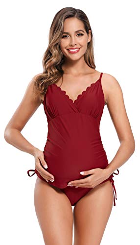 SHEKINI Mujer Bañador Split Maternity Trajes de Baño Tankini Bañadores Trajes de Baño de Talla Grande para Mujer (XL, Vino Tinto)