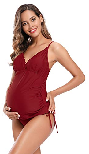 SHEKINI Mujer Bañador Split Maternity Trajes de Baño Tankini Bañadores Trajes de Baño de Talla Grande para Mujer (XL, Vino Tinto)