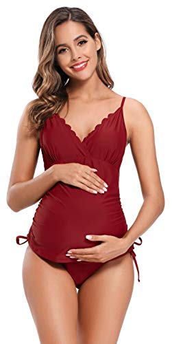 SHEKINI Mujer Bañador Split Maternity Trajes de Baño Tankini Bañadores Trajes de Baño de Talla Grande para Mujer (XL, Vino Tinto)