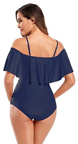 SHEKINI Mujer Embarazadas Traje de Baño Elegente Ajustable Acolchada Traje de Baño de Una Pieza Ruched Talla Grande Vestido de Premama Ropa de Playa(M, Azul Oscuro)