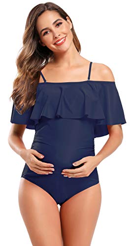 SHEKINI Mujer Embarazadas Traje de Baño Elegente Ajustable Acolchada Traje de Baño de Una Pieza Ruched Talla Grande Vestido de Premama Ropa de Playa(M, Azul Oscuro)