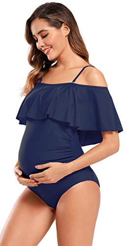 SHEKINI Mujer Embarazadas Traje de Baño Elegente Ajustable Acolchada Traje de Baño de Una Pieza Ruched Talla Grande Vestido de Premama Ropa de Playa(M, Azul Oscuro)