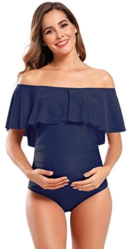 SHEKINI Mujer Embarazadas Traje de Baño Elegente Ajustable Acolchada Traje de Baño de Una Pieza Ruched Talla Grande Vestido de Premama Ropa de Playa(M, Azul Oscuro)