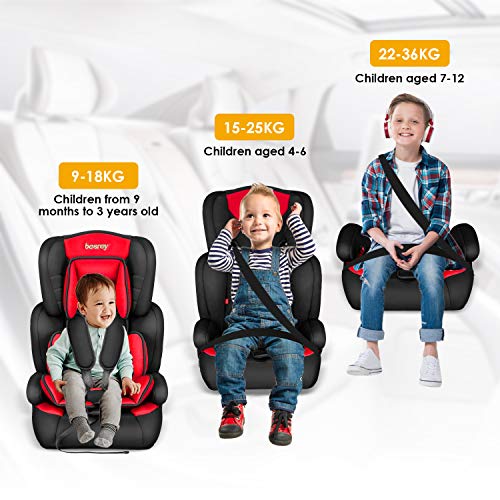 Silla de coche, Besrey bebe silla coche Grupo 1/2/3 para bebe/niños de 9 meses a 12 años, 5 puntos fijos, Reposacabezas ajuste de altura de 4 posiciones, Puede sentarse o acostarse（Rojo elegante）