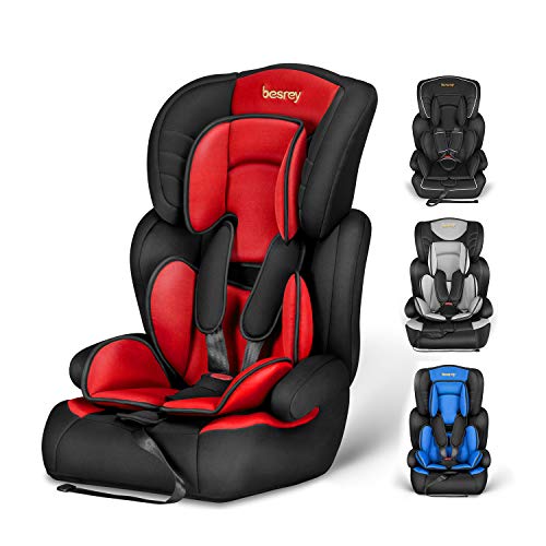 Silla de coche, Besrey bebe silla coche Grupo 1/2/3 para bebe/niños de 9 meses a 12 años, 5 puntos fijos, Reposacabezas ajuste de altura de 4 posiciones, Puede sentarse o acostarse（Rojo elegante）