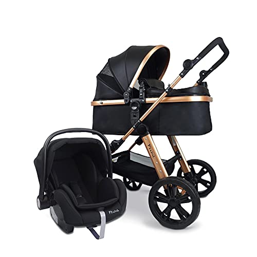 Silla de paseo Pixini Arizona 3 en 1, Trío, Niño, Silla de coche, Accesorios (Oro/Negro)