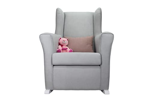 Sillon de lactancia (Alba) con balancin, orejero tapizado tela antimanchas, Mecedora para Salón o Habitación de Bebe. (Gris, Balancín Blanco)