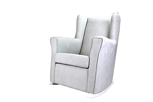 Sillon de lactancia (Alba) con balancin, orejero tapizado tela antimanchas, Mecedora para Salón o Habitación de Bebe. (Gris, Balancín Blanco)