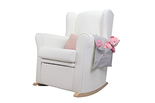 Sillon lactancia con arcon Nerea, orejero mecedora baúl en Polipiel, para Salón o Habitación del Bebe. (blanco, balancín natural)