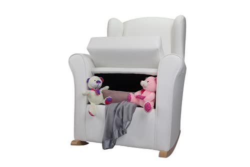 Sillon lactancia con arcon Nerea, orejero mecedora baúl en Polipiel, para Salón o Habitación del Bebe. (blanco, balancín natural)