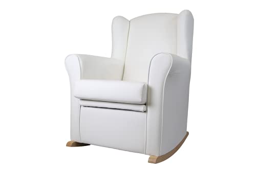 Sillon lactancia con arcon Nerea, orejero mecedora baúl en Polipiel, para Salón o Habitación del Bebe. (blanco, balancín natural)