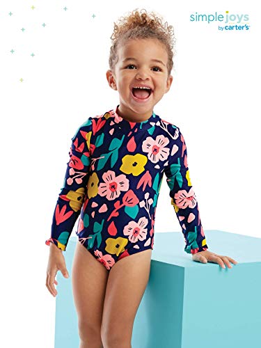 Simple Joys by Carter's Long Sleeve Front Zipper One Piece Swimsuit Traje de baño de una Pieza, Azul Marino, Floral, 2 años