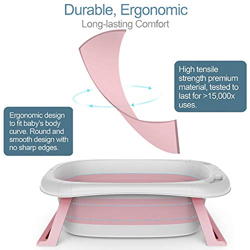 Sinbide Bañera Evolutiva para Bebés Recién Nacidos Plegable Bañera de Niños Pequeños Antideslizante Multifuncional Indicador de Temperatura Con Cojín y Tapón para Drenar y Ranura Almacenamiento (Rosa)