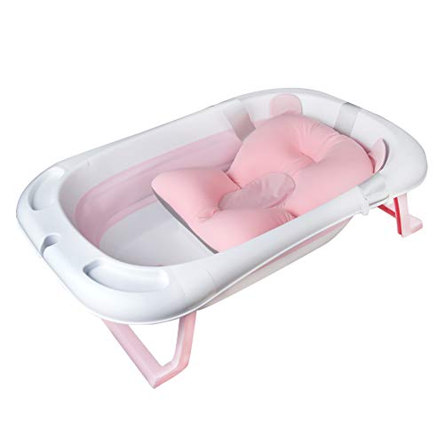 Sinbide Bañera Evolutiva para Bebés Recién Nacidos Plegable Bañera de Niños Pequeños Antideslizante Multifuncional Indicador de Temperatura Con Cojín y Tapón para Drenar y Ranura Almacenamiento (Rosa)