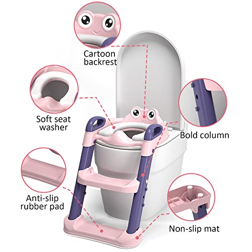 Sinbide Escalera Asiento Escalera del Tocador de Niños, Reductor WC para Niños Acolchado Suave con Escalón Plegable Abatible Ajustable, Antideslizante (Rana Rosa)