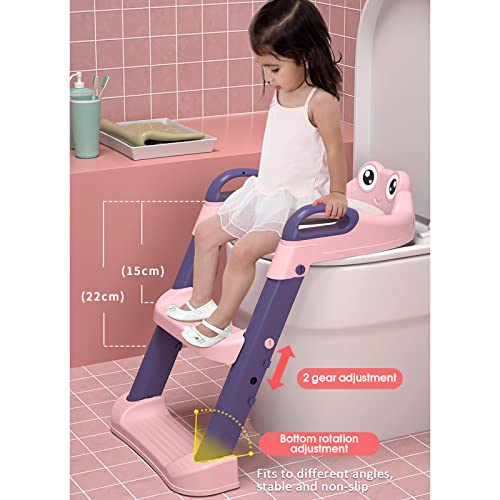 Sinbide Escalera Asiento Escalera del Tocador de Niños, Reductor WC para Niños Acolchado Suave con Escalón Plegable Abatible Ajustable, Antideslizante (Rana Rosa)