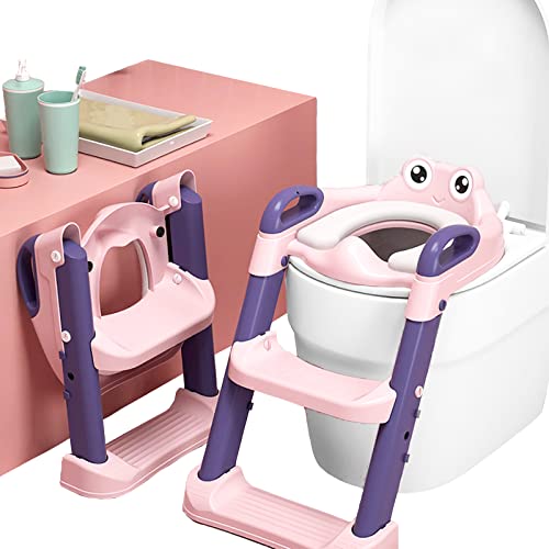 Sinbide Escalera Asiento Escalera del Tocador de Niños, Reductor WC para Niños Acolchado Suave con Escalón Plegable Abatible Ajustable, Antideslizante (Rana Rosa)