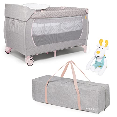 skiddoü Cuna de Viaje con Juguete y Cambiador Lunar+, Cuna de Viaje Plegable, Estructura Ligera, Cuna compacta, Altura Regulable, Cuna de Viaje para niños, Cuna de Viaje para bebé, Rosado