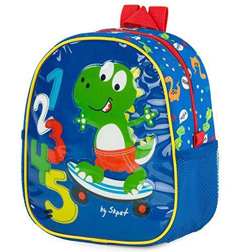 SKPAT - Mochila Dinosaurio Niño Pequeña - Mochila Infantil Preescolar para Bebe Guardería o Colegio con Asas Ajustables y Forro Isotérmico para Alimentos - Ideal para Niños de 2 a 6 Años, Color Azul