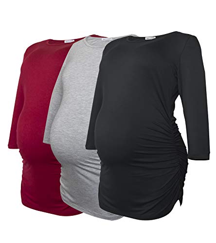 Smallshow Tops Maternidad para Mujeres con 3/4 de la Manga Fruncidos Ropa Embarazada Pack de 3,Black/Grey/Wine,L