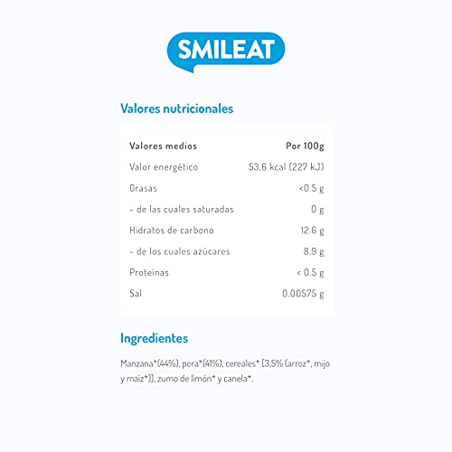 Smileat - Tarritos Ecológicos de Manzana, Pera y Cereales, Ingredientes Naturales, Para Bebés a partir de los 4 Meses - Pack de 12x130g - 1560g